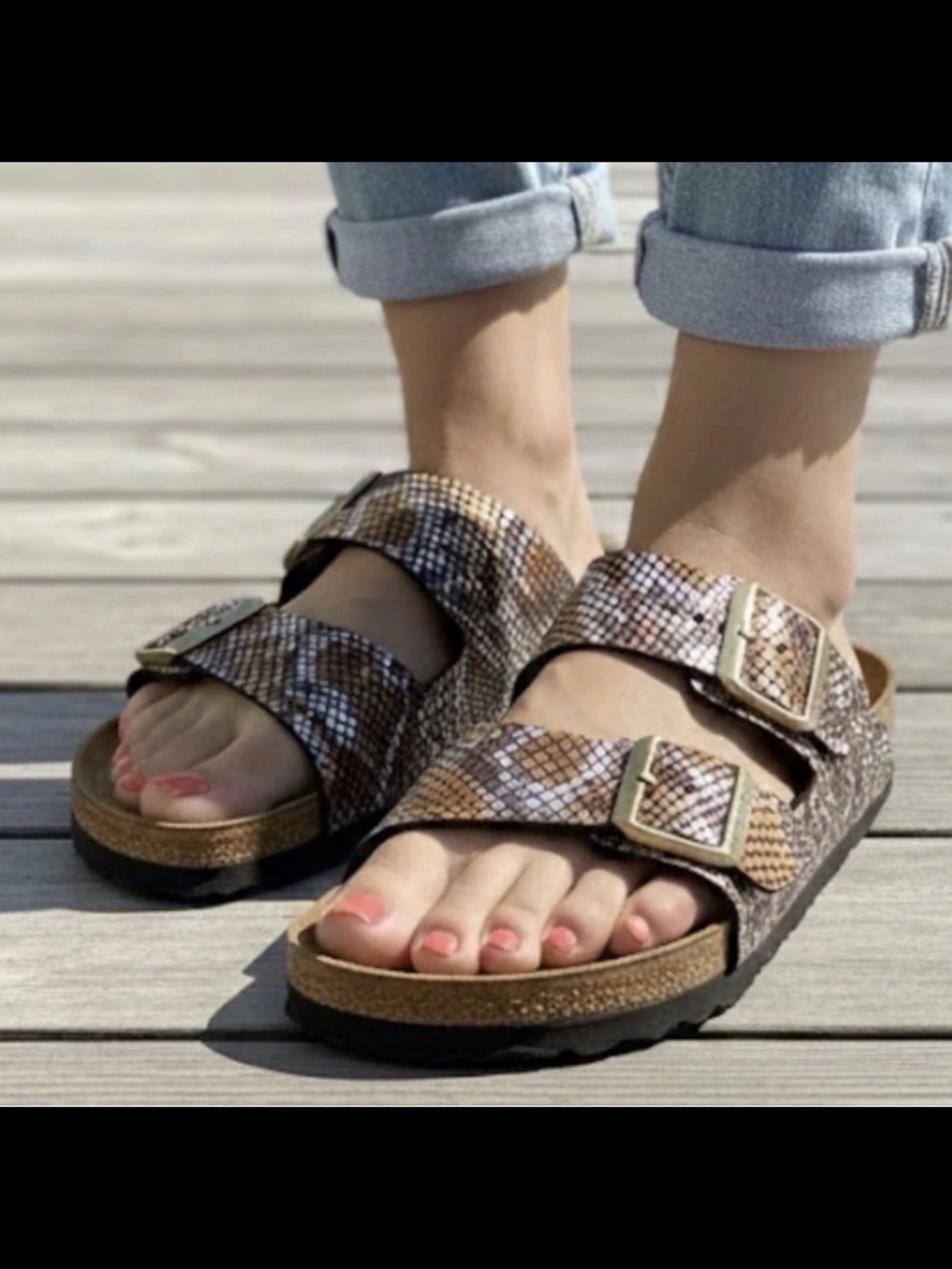 Birkenstock Arizona Metallic Snake-Print Sandals in Brown and Gold